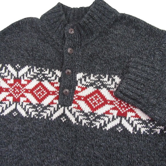Izod Mens Fair Isle Chunky Sweater L Gray 1/4 Button Pullover Mock Neck - Picture 1 of 10